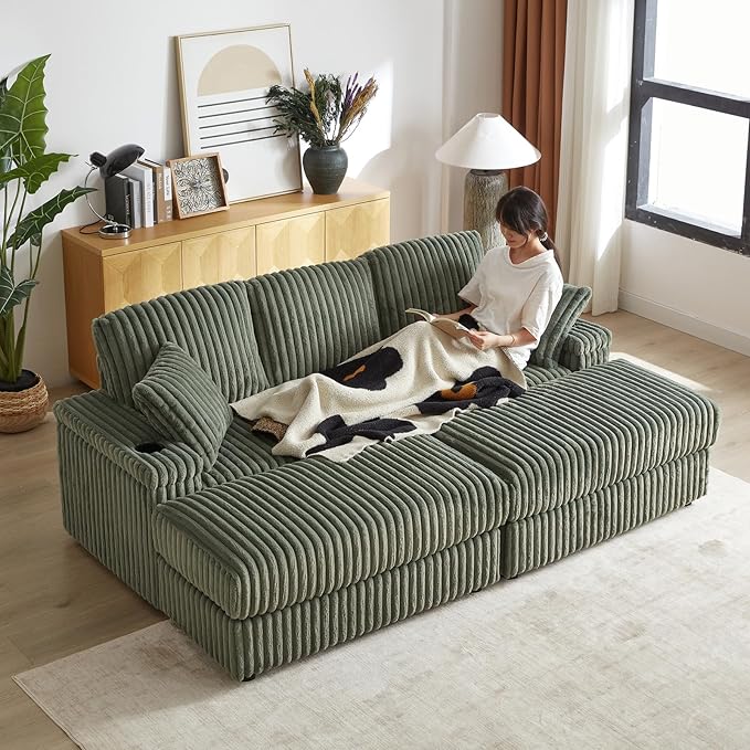 84 Corduroy Modular Cloud Couch with 2 Ottomans Modern Oversized 3-Seater Deep Seat Sofa with Back &amp Toss Pillows Comfy Sofa with 2 Storage Spaces &amp Cup Grooves for Living Room Army Green