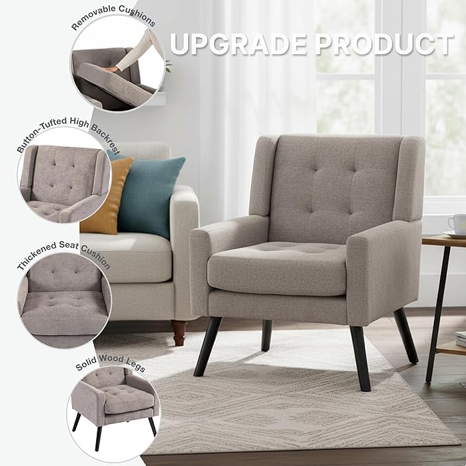 Mid-Century Modern Accent Chair Set of 2 Plush Linen Fabric with Button Tufted High Back &amp 5 Thick Cushion High Comfort Reading Chair for Living Room Bedroom Office (Light Gray)
