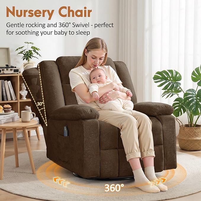 Rocker Recliner Chair for Adults 360° Swivel Rocker Recliner with Massage and Heating Nursery Rocking Chairs with Side Pockets Manual Reclining Chair for Living Room Bedroom or Nursery