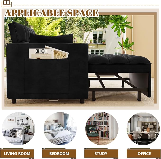 3 in 1 Convertible Sleeper Sofa Bed 52'' Velvet Pull Out Couch Bed with Comfy Pillows &amp Adjustable Backrest/Side PocketsFuton Loveseat Sleeper Sofa for Small Spaces Living Room Bedroom (Black)