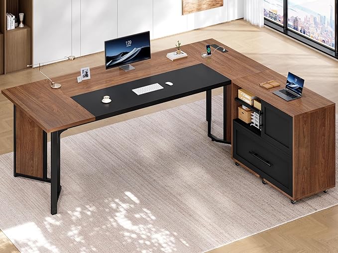 63 Executive Desk with Mobile File Cabinet Large Office Desk with Drawer Modern L Shaped Desk with Power Outlets Storage Shelves Corner Computer Desk Business Workstation Set (Walnut)