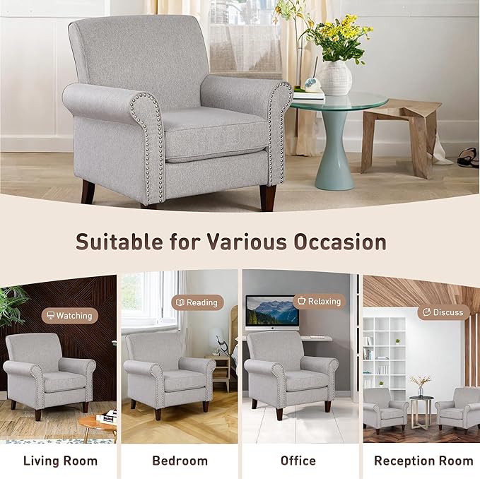 Prilinex Upholstered Living Room Chair Set of 4 - Large Comfy Fabric Accent Chair Single Sofa with Cushion Rolled Armrest &amp Nailhead Trim Mid Century Modern Armchair for Bedroom Office Grey