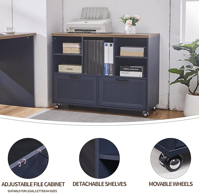 60 L-Shaped Executive Desk with 40 File CabinetFarmhouse Home Office Desk with Charging StationWood Computer Desk Set for Office WorkHome Study (Blue)