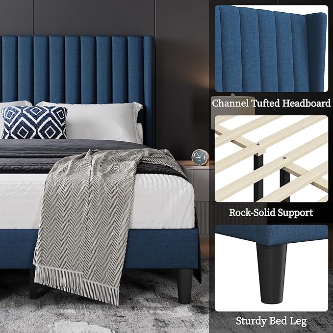 Yaheetech Full Size Bed Frame Upholstered Platform Bed with Wing Edge Headboard Square Tufted Fabric/Mattress Foundation/Wooden Slats Support/No Box Spring Needed/Easy Assembly/Navy Blue