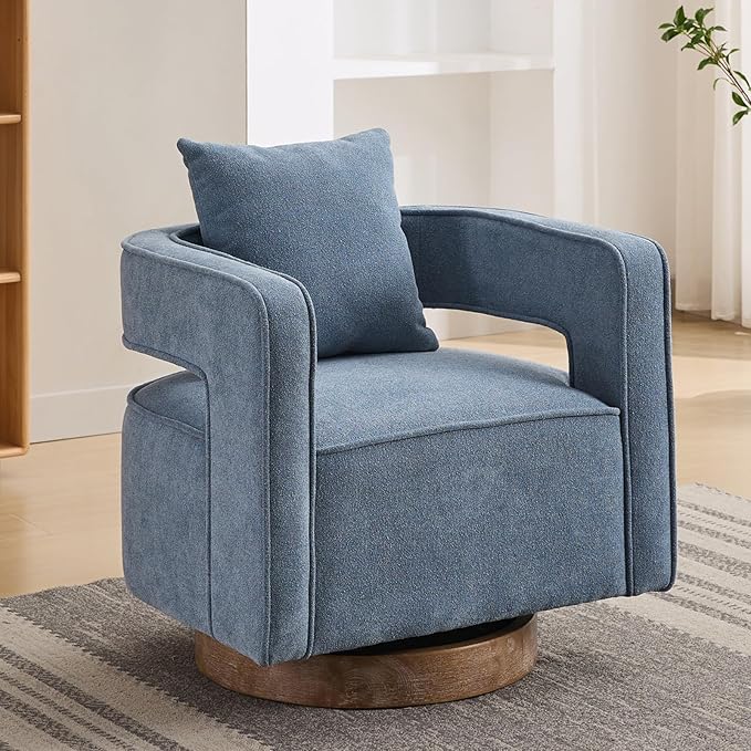 Swivel Accent Chairs for Living Room Upholstered 360° Round Barrel Arm Chair with Open Back &amp Wood Base Comfy Linen Blend Square Single Club Chair for Bedroom Office Hotel Reception (Blue)