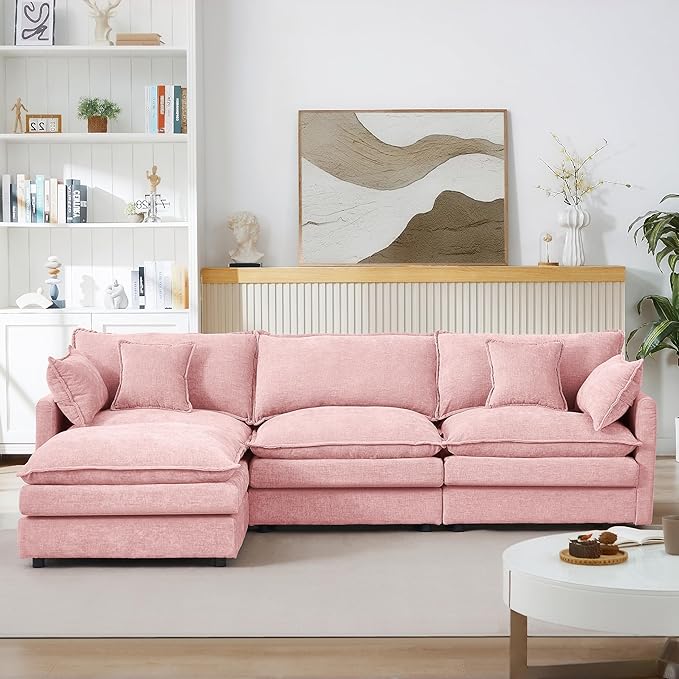 102 Cloud Sectional Couch Modular L Shaped Sofa with Movable Ottoman Comfy Chenille Deep Seat Sofa with Throw Pillows 3-Seater Cloud Couches for Living Room Apartment