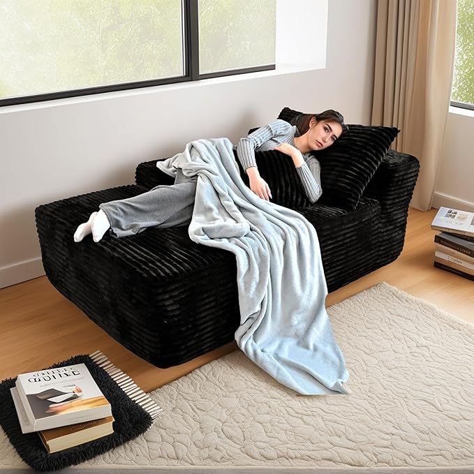 67'' Oversized Boneless Cloud Chaise Lounge Corduroy Chair Plush Black Sofa BedCouches Living Room No Assembly (Left).