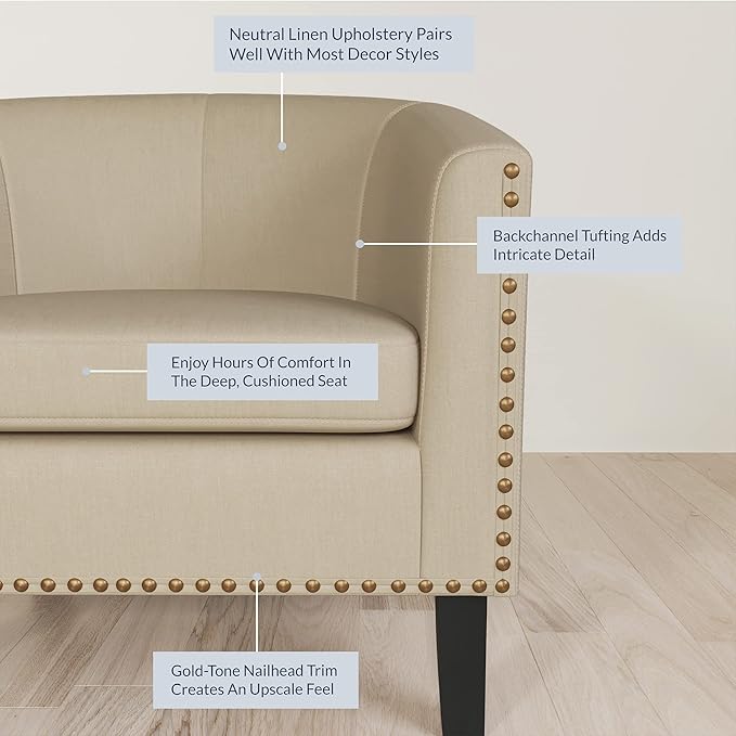 BELLEZE Accent Barrel Chair Set of 2 Modern Tub Club Chair Upholstered Armchair with Gold Nail Head Trim and Black Legs for Living Room Bedroom Apartment Lounge - Beige/Linen