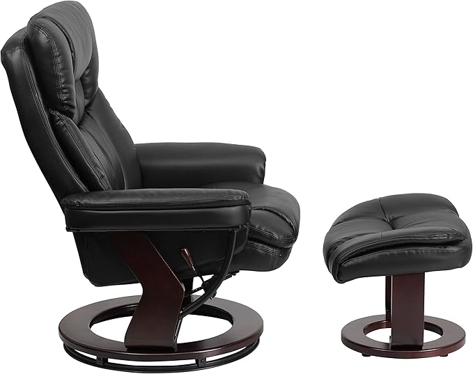 Flash Furniture Allie LeatherSoft Upholstered Recliner with Footrest Arms and Headrest Padded Swivel Recliner Chair and Ottoman Set Black