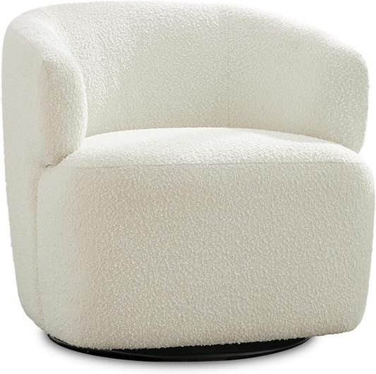 Swivel Accent Chair Sherpa Teddy Barrel Chair for Living Room Cozy Round Boucle Arm Chair Metal Base for Club Nursery Bedroom White