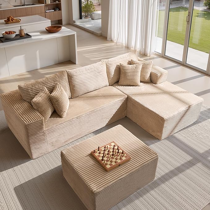 108 L Shaped Couch with Movable Ottoman Beige Boneless Memory Foam Modular Sectional Sofa with Right Facing Chaise Upholstered Corduroy U Couches for Living Room Bedroom No Assembly Required