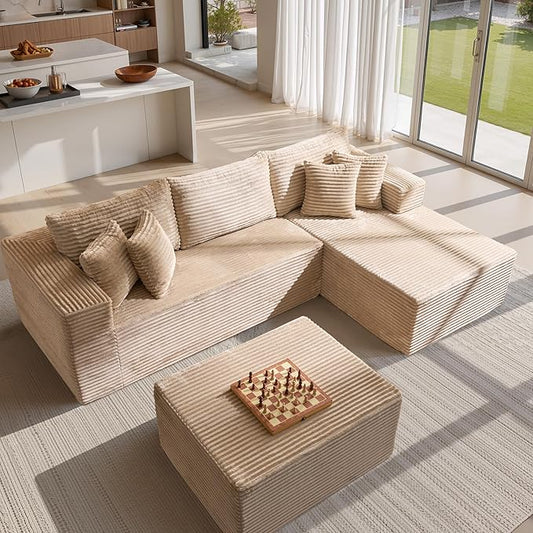 108 L Shaped Couch with Movable Ottoman Beige Boneless Memory Foam Modular Sectional Sofa with Right Facing Chaise Upholstered Corduroy U Couches for Living Room Bedroom No Assembly Required