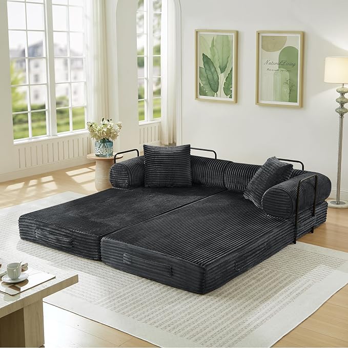 Modular Couch Bed Convertible Folding Plush Corduroy Comfy Floor Memory Foam Compression Loveseat Sleeper Sofa Couch King Size Bed for Guest Room Living Room Bedroom No Assembly Required Dark Grey