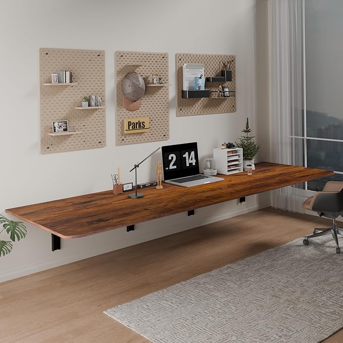 IAE 72 x 22 Floating Foldable DeskWall-Mounted Folding Computer Table with Engineered WoodStudy Table with Shelf BracketsFold Down ShelfFold Computer Desk for Small ApartmentHolds 500 lbRustic