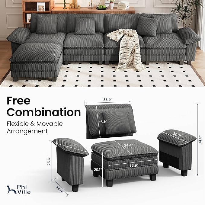 PHI VILLA Cloud Modular Couch Sets 157.5 Sectional Sofa with L-Shaped Chaise 5-Seater Upholstered Couches with Movable Ottoman for Living Room Corduroy Fabric Grey