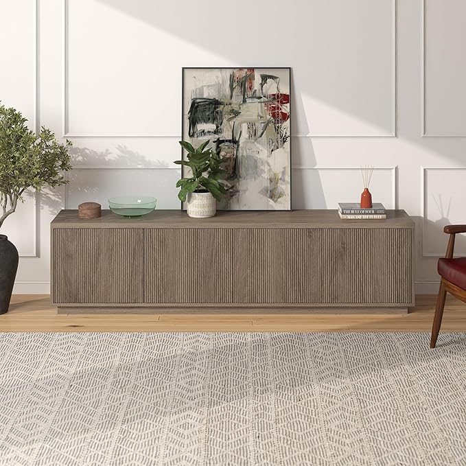 Henn&ampHart Fluted TV Stand for TVs up to 85 with 2 Concealed Ribbed Storage Cabinets and Adjustable Shelves for Living Room Family Room or Office Weathered Gray