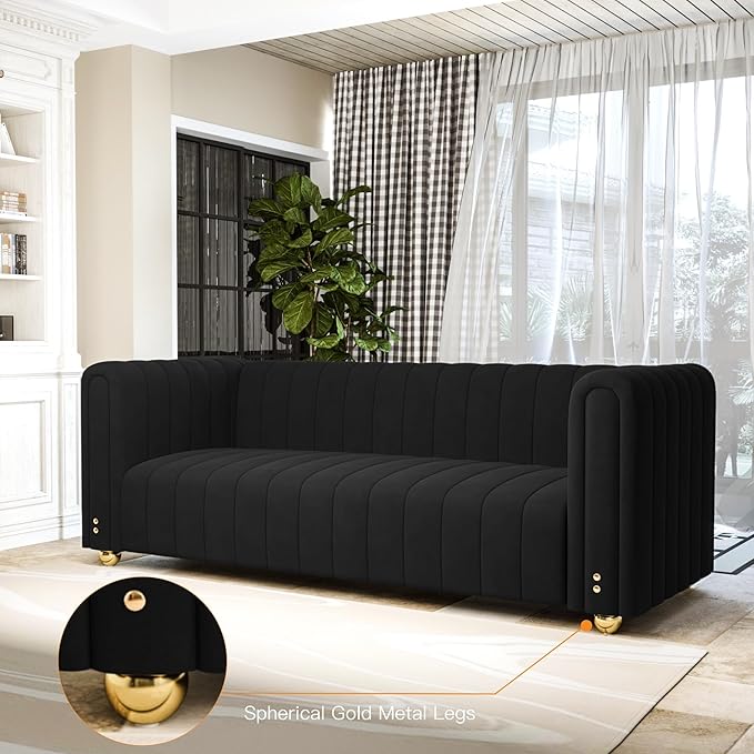 81.3 Modern Black Velvet Couch for Living Room Upholstered Comfy 3 Seater Office Sofa with High Armrest and Gold Metal Legs (Black 81)
