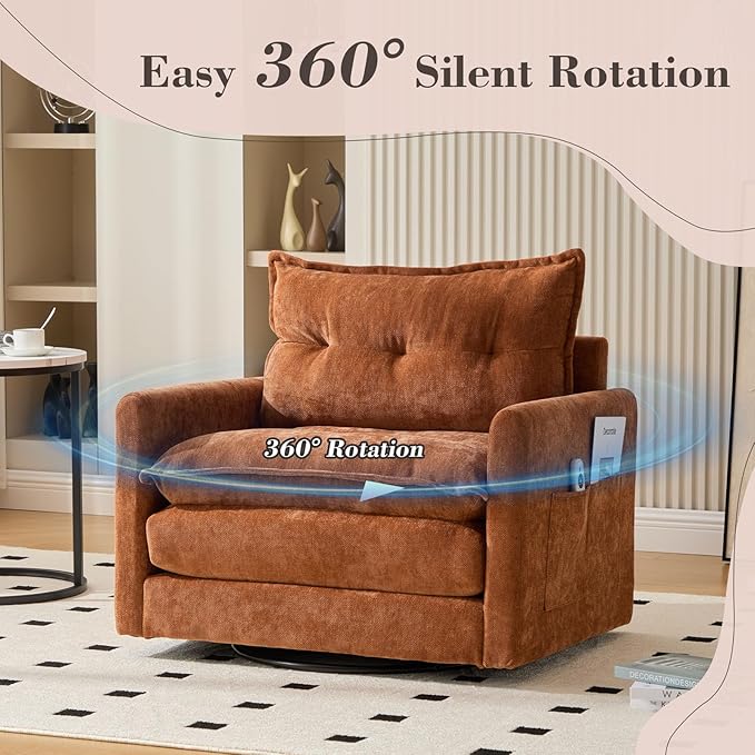 36.2 Oversized Square Swivel Accent Chair 360° Rotating Barrel Armchair Comfy Single Cloud Sofa Chair with Metal Base and Thick Padded for Nursery Bedroom Living Room &amp Offices (Brown)
