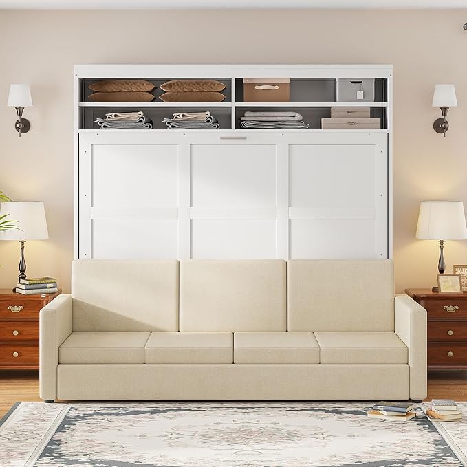 Linique Queen Size Murphy Bed with Sofa and Top Shelf Horizontal Wall Bed Versatile Convertible Wooden Bed Frame White 93.3x86.2