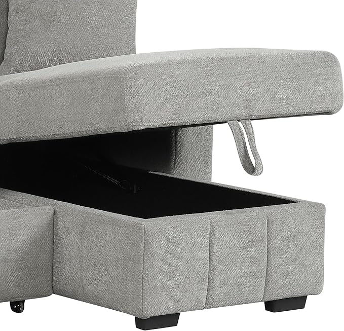 90 L-Shaped Sectional Sleeper Sofa with Reversible Storage Chaise Warp-Knitted Fabric Upholstered Modular Couch with Drop-Down Center Back Cushion with Dual Cup Holders for Living Room (Grey-10)