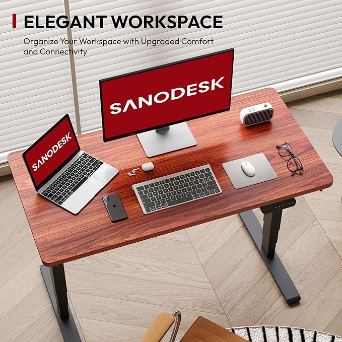 SANODESK 48 Electric Standing DeskOne-Piece Dual Motor Height Adjustable Desk Stable and Durable 3-Stage Stand up Desk for Home Office (Black Frame/48 x 30 Inch Mahogany top)