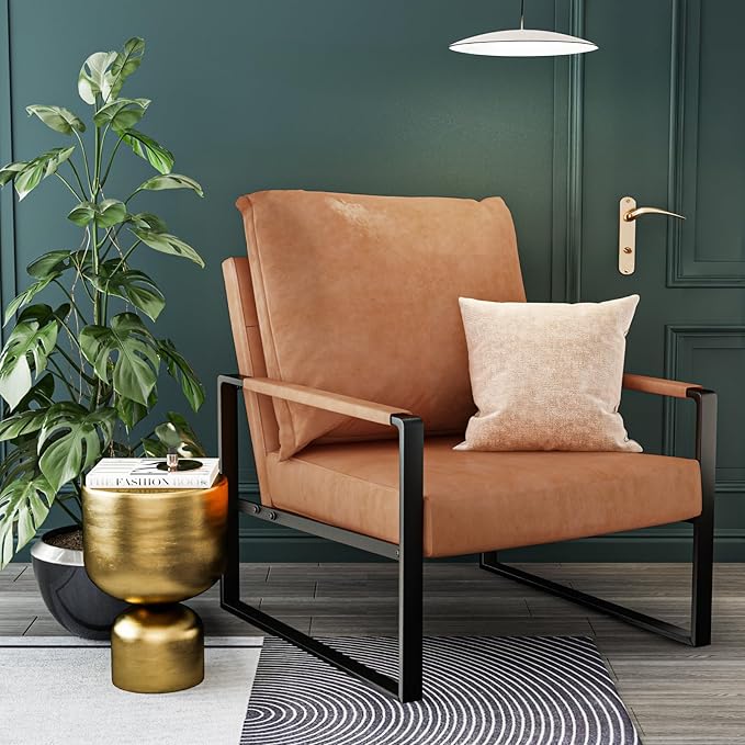 AWQM Leather Accent Chair Set of 2 Sofa Chair with Extra-Thick Padded Backrest &amp Seat Cushion Single Sofa for Living Room Bedroom Black Metal Frame 105 Degree Slant Back-Apricot（Set of 2）