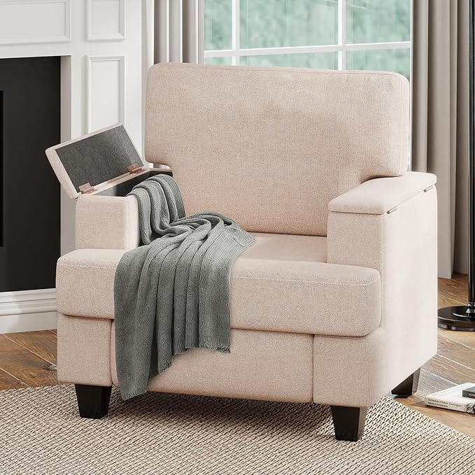 Furniliving Modern Oversized Accent Sofa Chair Comfortable Living Room Lounge Armchair with Storage Armrest Upholstered Reading Gaming Chair for Apartment Living Room Bedroom Beige