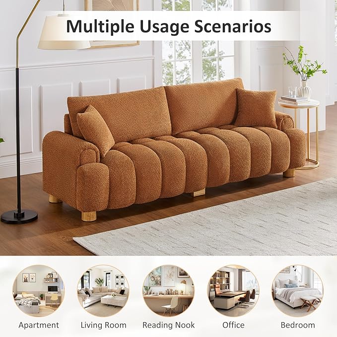 VANOMi Boucle Sofa Couch 91 Comfy Tufted Upholstered Cloud Couches Modern 3 Seater Sofa with Pillows Oversized Deep Seat Sherpa Couch for Living Room Bedroom Apartment (Curry)