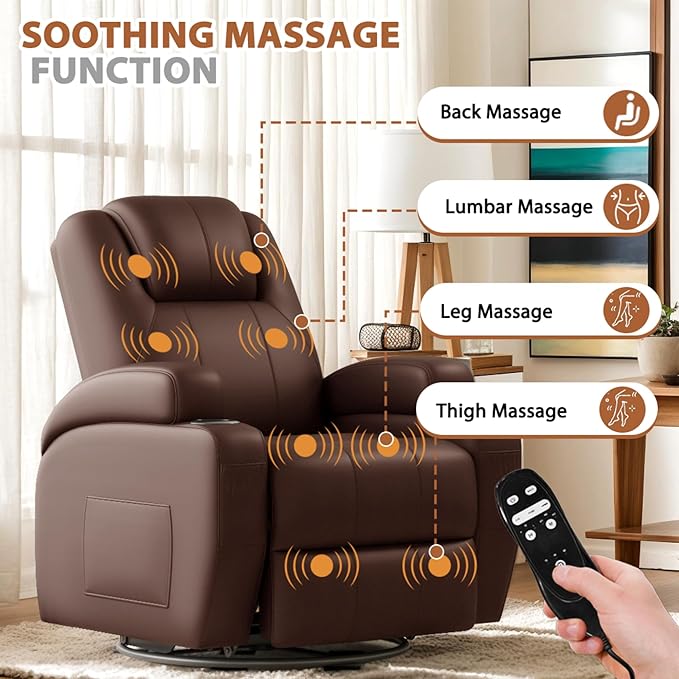 Flamaker Swivel Rocker Recliner Chair with Vibration Massage 360° Swivel Recliner Chairs for Adults Ergonomic Lounge Chair with Cup Holders Lazy Boy Recliner Single Sofa Seat (Leather Brown)