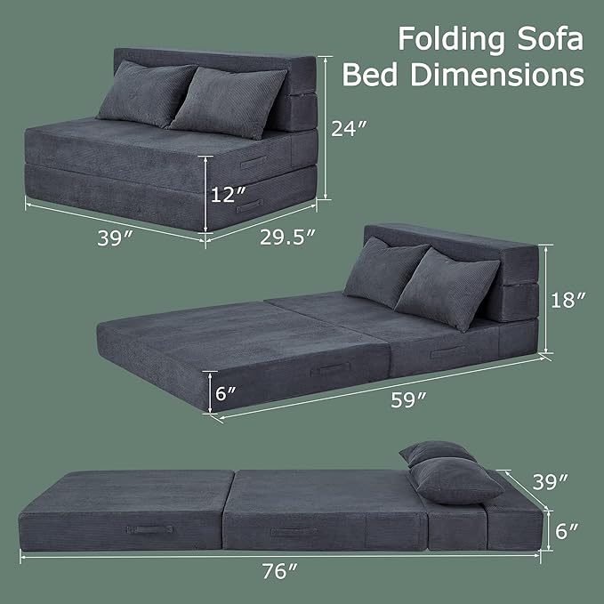 Folding Sofa Bed 4 in 1 Convertible Sleeper Chair with Pillow Twin Memory Foam Fold Out Chair Bed Modern Floor Futon Sofa Couch Mattress for Living Room/Guest/Apartment Dark Grey