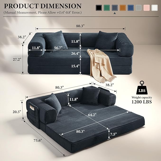 Boneless Couch Folding Couches for Living Room Sofa Futon Sofa Bed with Sleeper Sofa Futon Couch with Fixed-Shape Oversized Corduroy Upholstered (Dark Gray 81 Inches)
