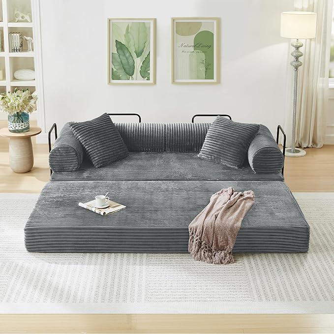 Antetek Modular Couch Bed Convertible Folding Plush Corduroy Comfy Floor Compression Loveseat Sleeper Sofa Couch King Size Bed for Guest Room Living Room Bedroom No Assembly Required Light Grey