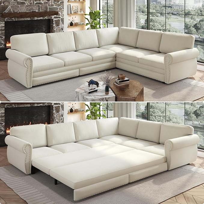118 L Shaped Sectional Sleeper Sofa Couch with Pull Out Bed Oversized Chenille Convertible Sectional Couches with Nailhead Trim &amp Rolled Arm for Living Room Removable Sofa CoverBeige