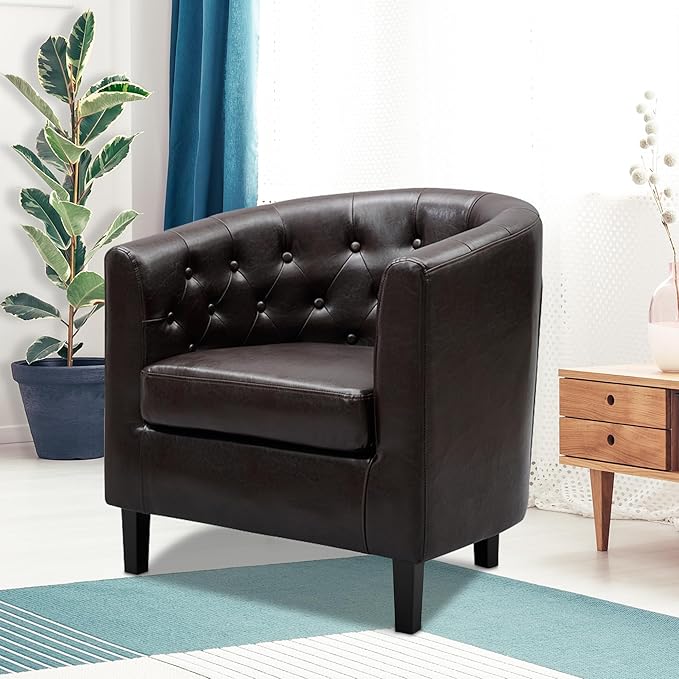 Modern Tufted Faux Leather Accent Chair with Barrel Back Design Thick Cushions &amp Wood Legs – Elegant Statement Chair for Living Room &amp Home Décor