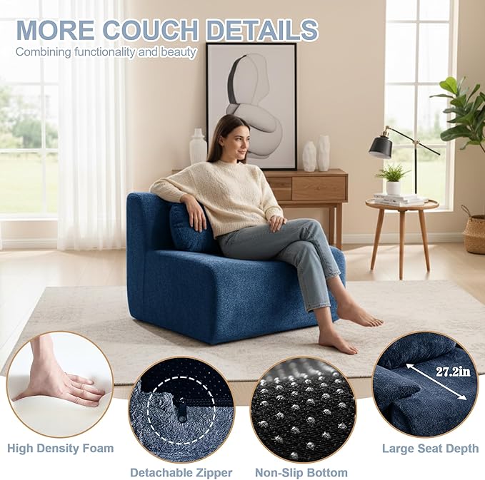 Multiple Modular Boneless Couches for Living Room Cloud Sectional Sofa with Comfy Deep Seat Oversized Single Sofa for Bedroom Apartment No Assembly 1 Module Combined Blue
