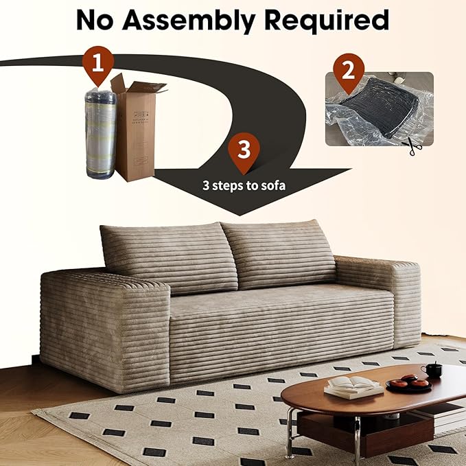 63 Sofa in a Box Compressed Boneless Couch with Wide Armrests &amp 2 Cushions Cloud loveseat Sofa for Living Room Memory Foam Deep Seat Corduroy Fabric No Assembly (Camel 2)