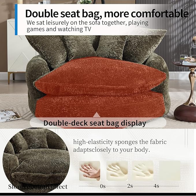 55 inch Oversized Round Chair Fluffy Chenille Boneless Sofa with Extra Deep Seat for Living Room Lounge (Olive Green)