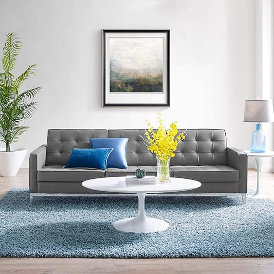 Modway Loft Tufted Button Faux Leather Upholstered Sofa in Silver Gray
