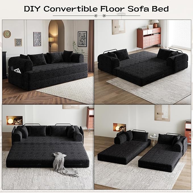 Convertible Floor Sofa Bed 79 Compression Sofa Foldable Sleeper Couch Bed Modular Sectional Couch Comfy Loveseat No Assembly Required for Living Room Guest Room Chenille Fabric Black