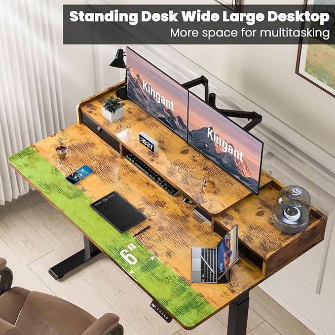 Kingant 48 x 30 Inch Electric Standing Desk with Dual Drawers Adjustable Height Computer Desk for Home Office Large Workstation Sit Stand Up Desk with Built-in Storage Shelf Rustic Brown