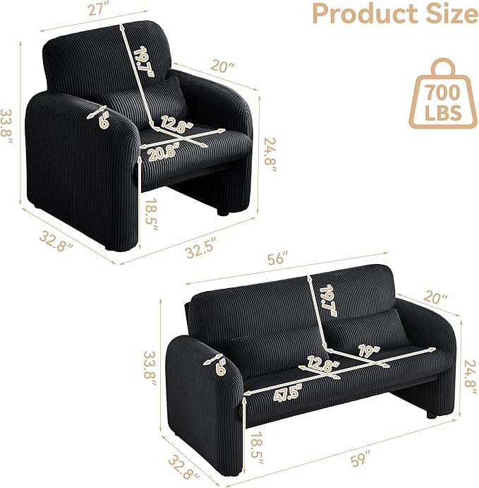 Corduroy Accent Living Room Sets Modern Upholstered Love Seat with 2 Accent Chairs Wide Comfy Leisure Chair Sets for Bedroom Office Black