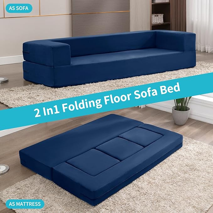 CECER 80 Convertible Floor Sofa BedFolding Sofa Bed with 3 OttomansVelvet Modular Sectional Futon SleeperFoldable Memory Foam Couch for Living Room/Guest Room/Playroom（Blue）