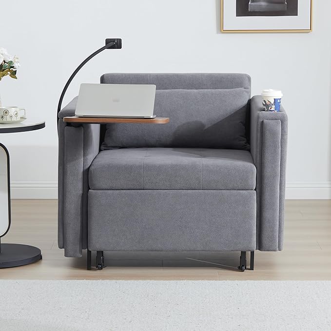LEVNARY 3-in-1 Convertible Sleeper Chair Pull Out Bed Single Sofa Chair Sleeper for Adults with Hidden Side Table Modern Chenille Fabric Armchair for Bedroom Dorm Home Office (Gray)