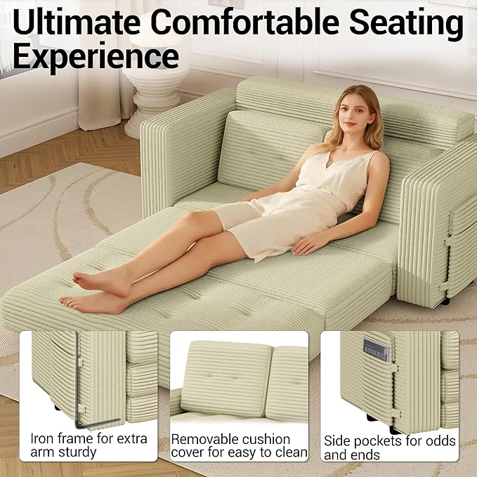 3 Fold Convertible Sofa Bed Pull Out Boneless Couch Loveseat Sleeper Sofa Folding Chaise Chair with Pillows for Bedroom Living Room Beige (Little Yellow)