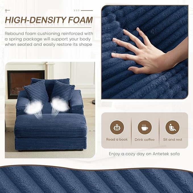 Chaise Lounge Chair Indoor 44 Inch Comfy Corduroy Sectional Cloud Couch Upholstered Single Sofa w/Movable Ottoman for Living Room Bedroom Apartment Blue