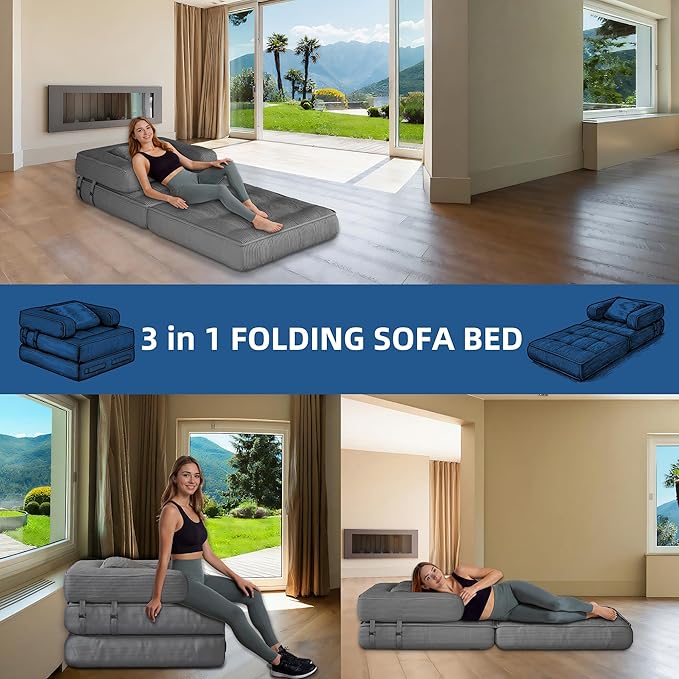 Folding Sofa Bed - Adults Convertible Sleeper Chair for Living Room Bedroom Grey