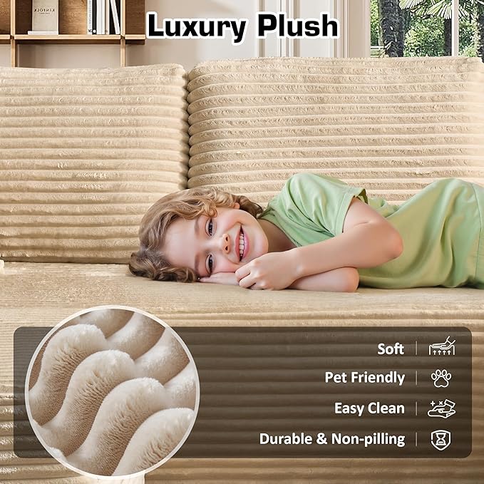 106 Cloud Sectional Couch with L-Shape Chaise &amp Ottoman No Assembly Modular Sofa Deep Seat Plush Corduroy Boneless Couched for Living Room (Beige Plush Corduroy L Shape with Ottoman-Right Faci