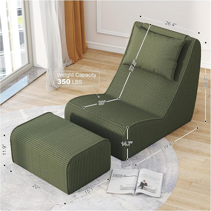 Giant Bean Bag Chair for AdultsCorduroy Chaise Lounge with Unrivaled Back Support Detachable Neck Pillow Comfortable Ottoman &amp Washable Cover for Living Room Bedroom Garden (Olive Green)