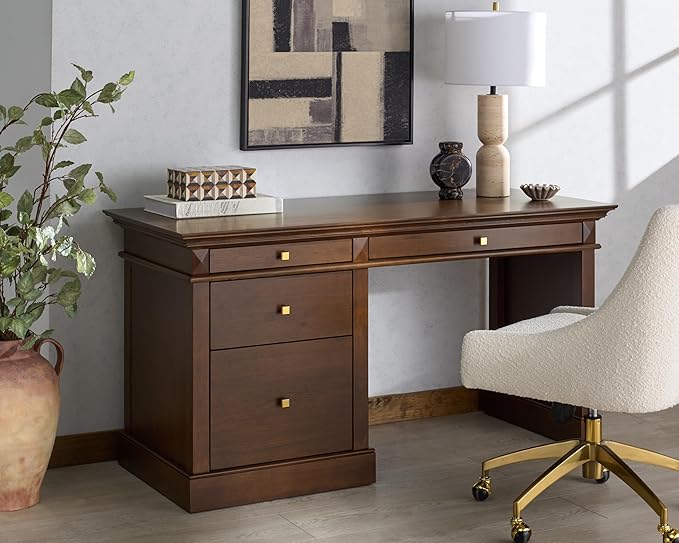 SAFAVIEH Couture Collection - Francesco Walnut Wood 4-Drawer Desk with Brass Accents Modern Writing Table with Storage (SFV4239A)