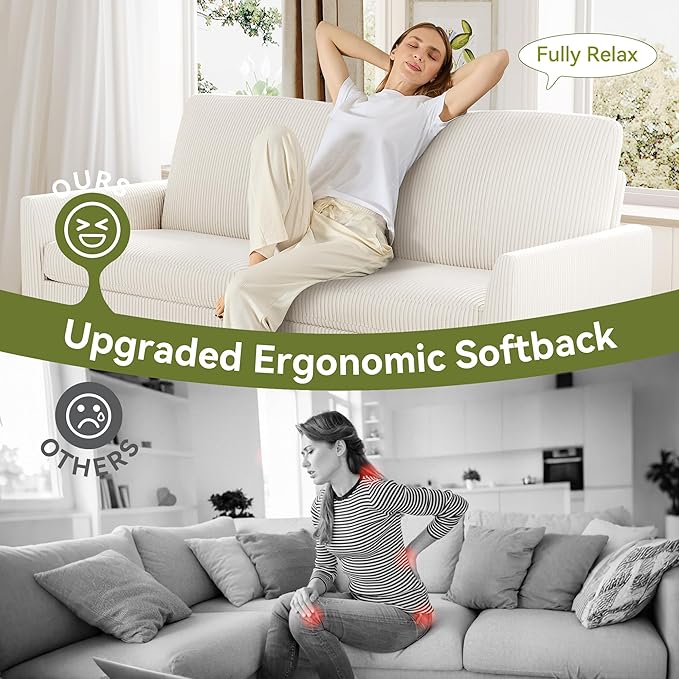 68 Loveseat Sofa Comfy White Corduroy Couches for Living Room Mid Century Modern Love Seat Sofa Tool-Free Setup Small Couches for Bedroom Office